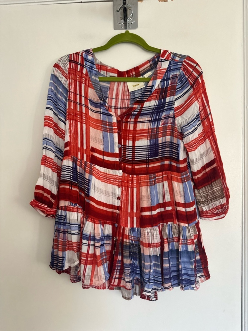 Maeve Anthropologie Lila Tiered Sz:S Ruffle Red Plaid Tunic Shirt Flowy Blouse - Picture 9 of 12